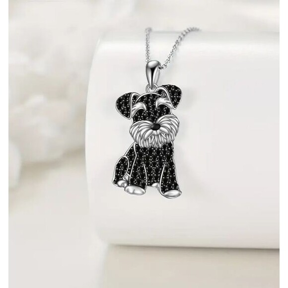 Silver Black Rhinestones Schnauzer Dog Necklace Women Teens - Picture 2 of 3